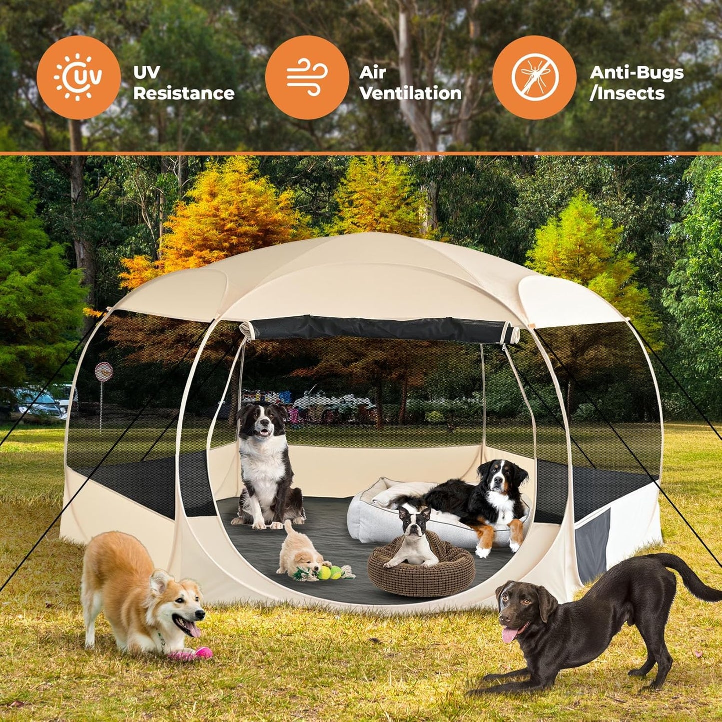 EighteenTek XXLarge Popup Portable Dog Houses, 10'x4.8'H Assembly-Free Gazebo-Style Dog Cot Cat Playpen Screen Pet Tent Sun Shade Shelter Dog Bed with Canopy for Outdoor Anti-Bugs with Leakproof Floor - Pet Explorer