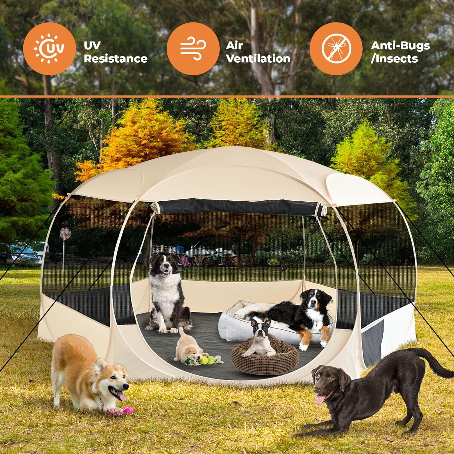 EighteenTek XXLarge Popup Portable Dog Houses, 10'x4.8'H Assembly-Free Gazebo-Style Dog Cot Cat Playpen Screen Pet Tent Sun Shade Shelter Dog Bed with Canopy for Outdoor Anti-Bugs with Leakproof Floor - Pet Explorer