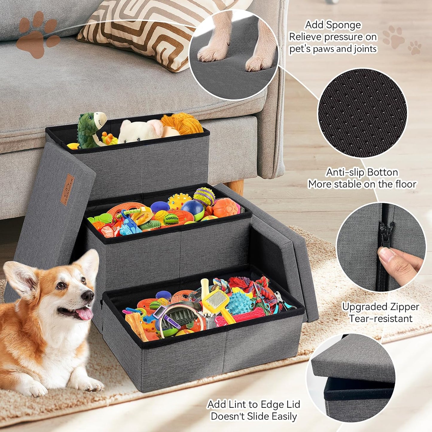 Dog Stairs with Storage 18" H, 3-Step Wider Dog Steps for Small/Medium/Large Old Dogs Cats, Folding Sturdy Pet Stairs Climbing Bed Couch, Ramp for Car Hold Up to 200 lbs (Dark Grey, No Condo) - Pet Explorer