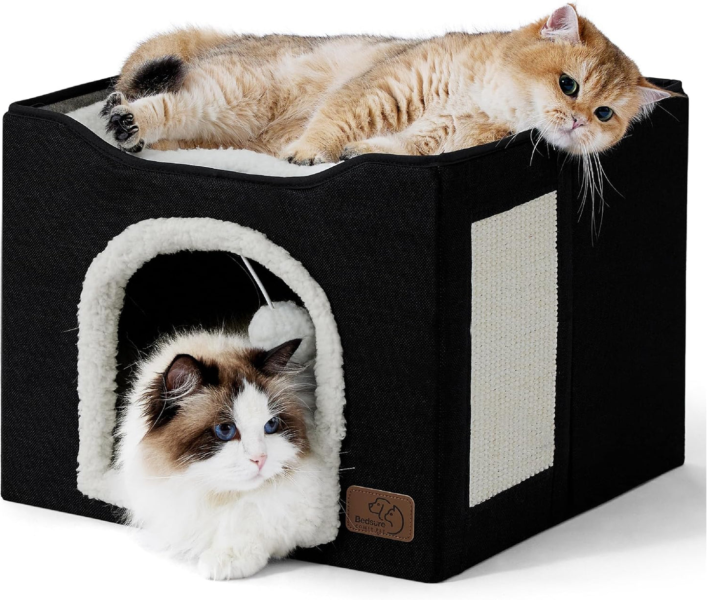 Bedsure Cat Beds for Indoor Cats - Large Cat Cave for Pet Cat House with Fluffy Ball Hanging and Scratch Pad, Foldable Cat Hideaway, 16.5x16.5x13 inches, Black - Pet Explorer