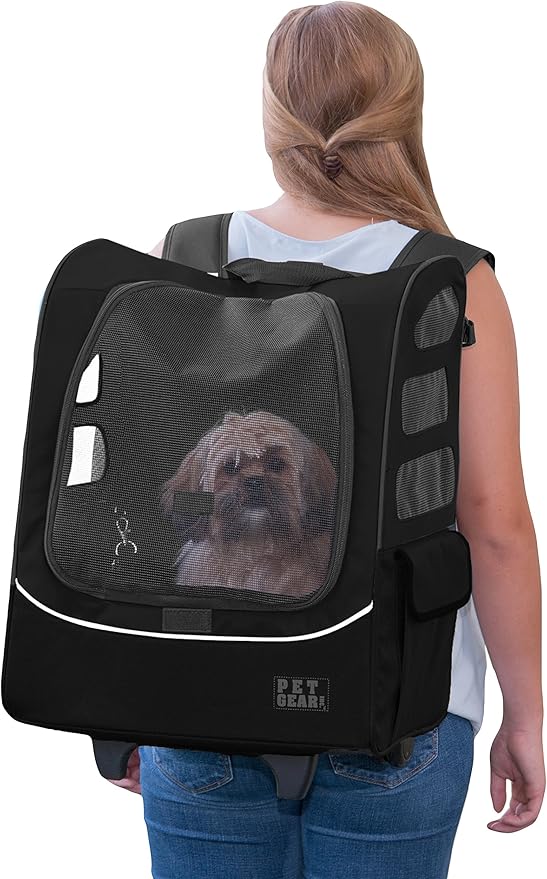 Pet Gear I-GO2 Pus Traveler Roller Backpack, Travel Carrier, Car Seat for Cats/Dogs, Mesh Ventilation, Included Tether, Telescoping Handle, Storage Pouch, Onyx