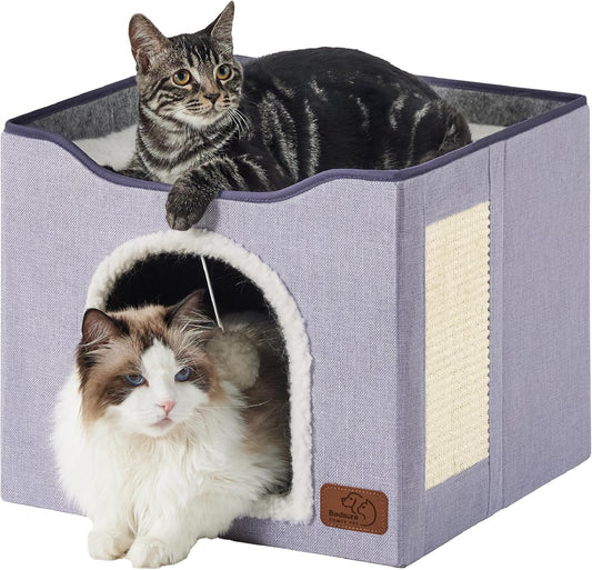Bedsure Cat Beds for Indoor Cats - Large Cat Cave for Pet Cat House with Fluffy Ball Hanging and Scratch Pad, Foldable Cat Hideaway, 16.5x16.5x13 inches, Cloud Purple - Pet Explorer