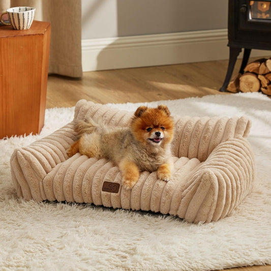 Bedsure Cute Cat Couch for Pets - Fluffy Small Dog Sofa with Premium Soft Corduroy Fleece, Pet Sofa with Removable Washable Cover, Supportive Dog Couch Bed for Small Medium Dogs, 30inch, Tuscan Beige - Pet Explorer