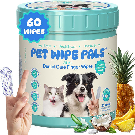 All-in-1 Dog Teeth Cleaning Wipes | Enzymatic Whitening + Micro Scrubbing Beads | No Mess, Pet Dental Wipes & Finger Tooth Brushing Kit | Plant-Based Dental Care for Cats & Dogs (60 Count) - Pet Explorer