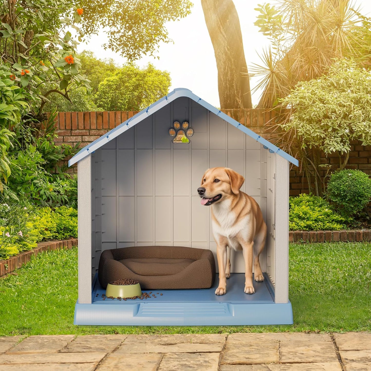 Large Dog House Outdoor Indoor for Medium Large Dogs, Durable Plastic Waterproof Doghouse with Air Vents and Elevated Floor, Easy Clean and Assemble (Blue, 31" L x 33.3" W x 33.5" H) - Pet Explorer