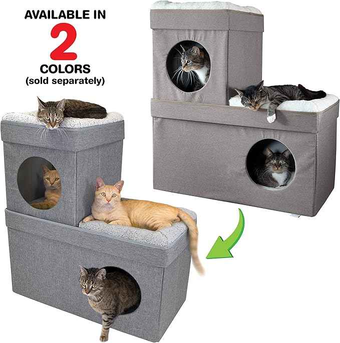 Kitty City Large Stackable Cat Condo & Cube House, Modular Indoor Cat Furniture with Plush Washable Beds, Collapsible Cat Cave & Lounging Ottoman, Grey