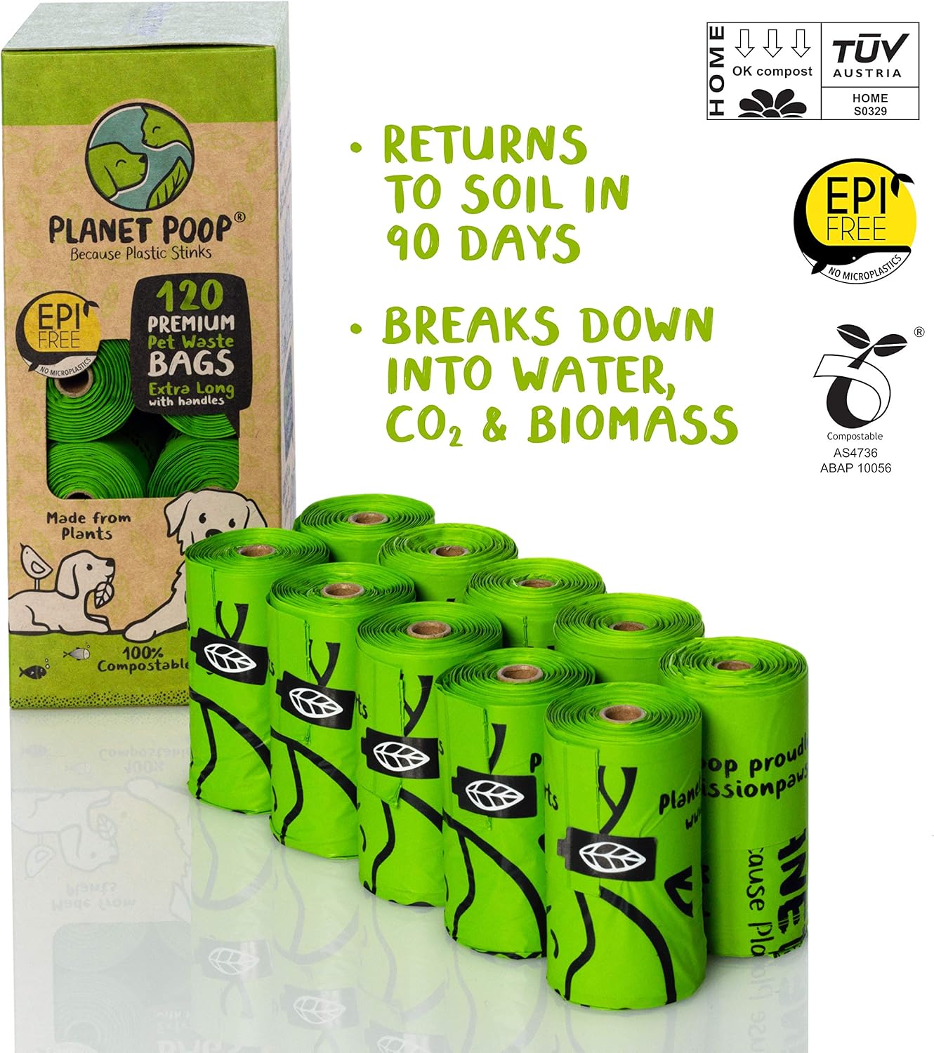 PLANET POOP Home Compostable Dog Poop Bags Extra-long with Handles 120 Un-Scented Pet Waste Bags Plastic Free, Thick Leakproof Plant-Based Doggy Bag, Cats & Dogs Pet Supplies - Pet Explorer