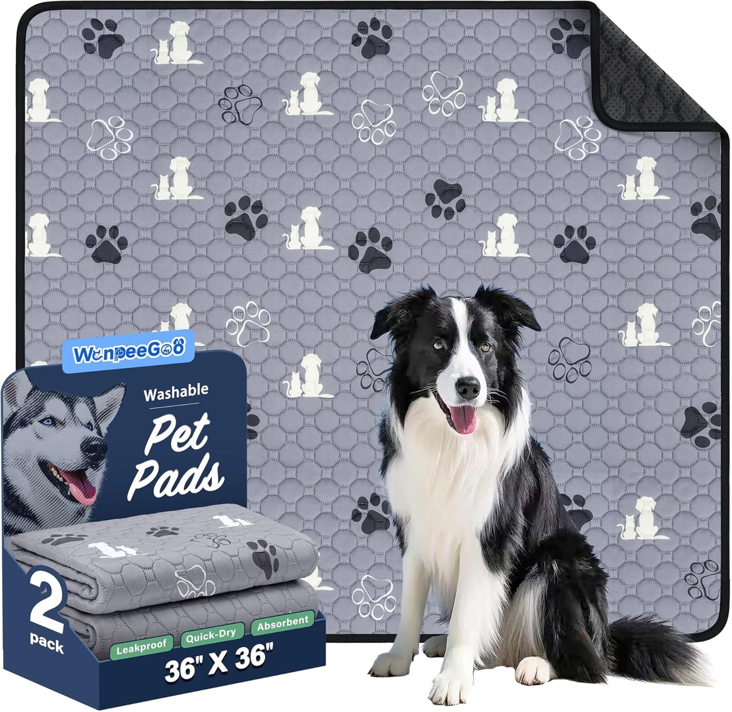 Washable Pee Pads, Puppy Pee Pad for Dogs, 2 Pack Absorbent Reusable Training Dog Pads Pet Puppy Pads, Non-Slip Potty Pads for Whelping, Playpen, Crate, Bed, Grey 36"x36" - Pet Explorer