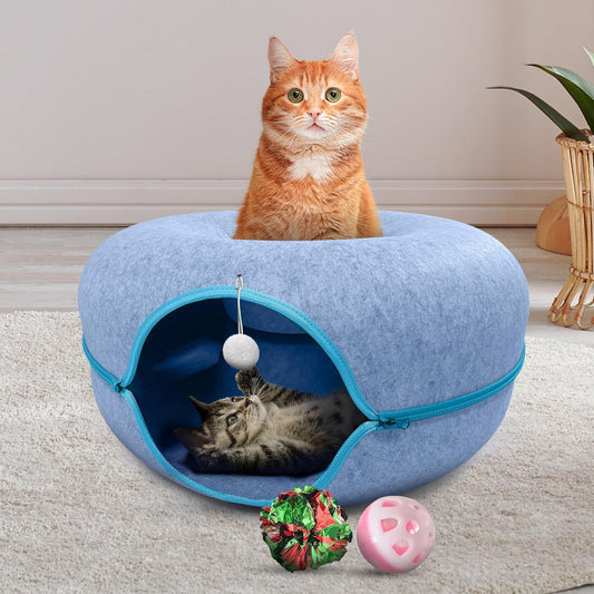 Okoco Cat Tunnel Bed for Indoor Cats Large, 24" Peekaboo Cat Cave Donut Bed for Pets up to 45lbs, 2-in-1 Round Tube with Hanging Ball Toy & Removable Machine Washable Parts (Light Blue) - Pet Explorer