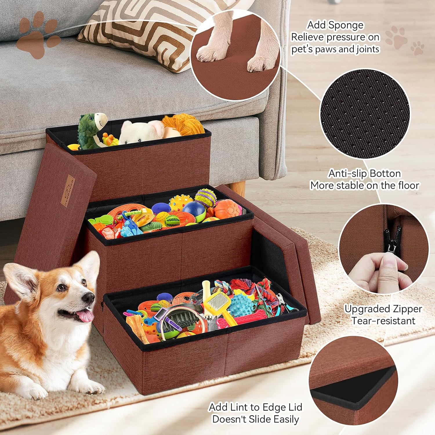 Dog Stairs with Storage 18" H, 3-Step Wider Dog Steps for Small/Medium/Large Old Dogs Cats, Folding Sturdy Pet Stairs Climbing Bed Couch, Ramp for Car Hold Up to 200 lbs (Brown, No Condo) - Pet Explorer