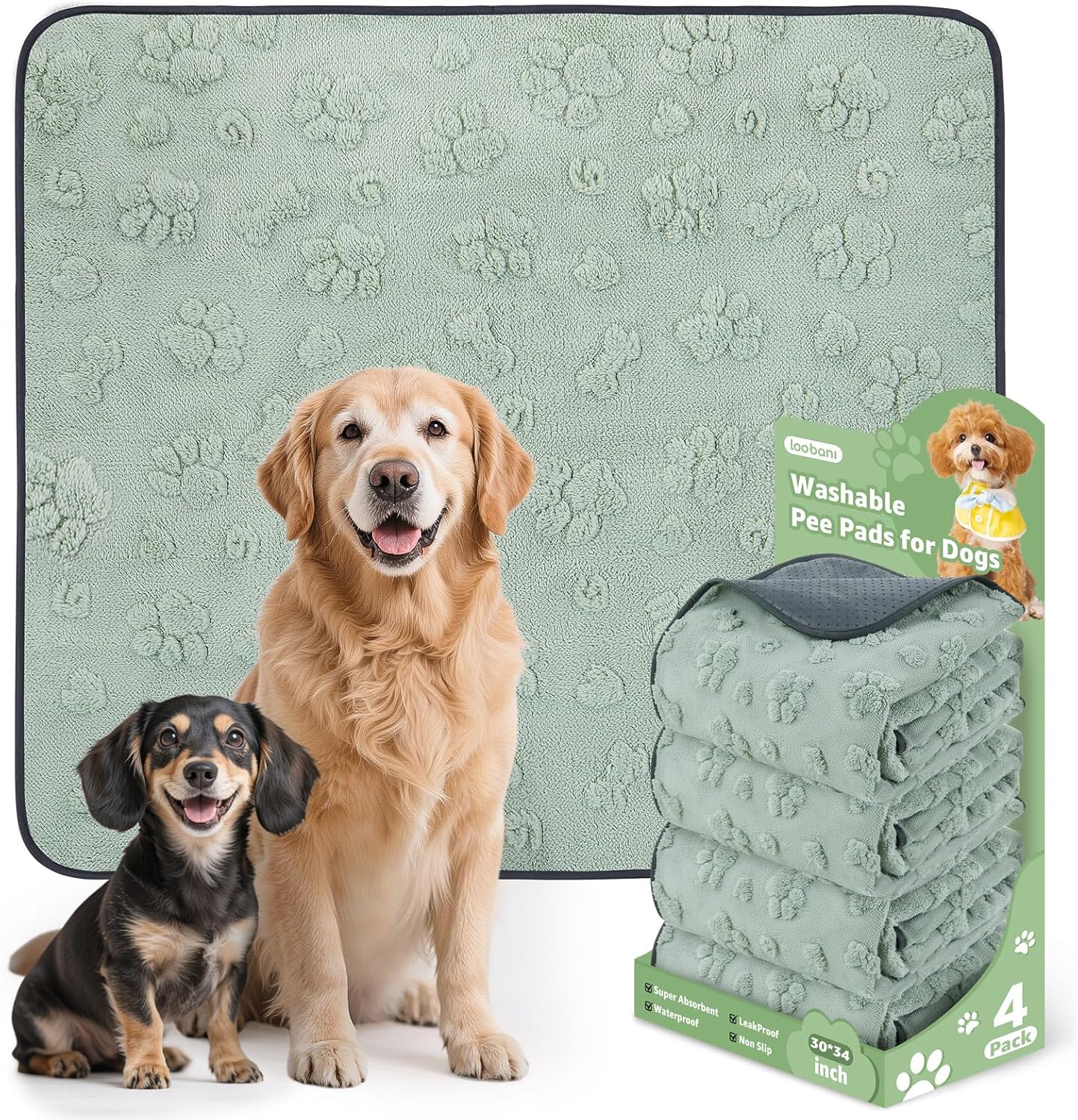 LOOBANI Washable Pee Pads for Dogs: 4 Pack Super Absorbent Reusable Puppy Pads, Leakproof and Waterproof Dog Training Pads Whelping Pads for Potty, Floor, Crate, Couch, Bed and Travel, 30"x34" - Pet Explorer