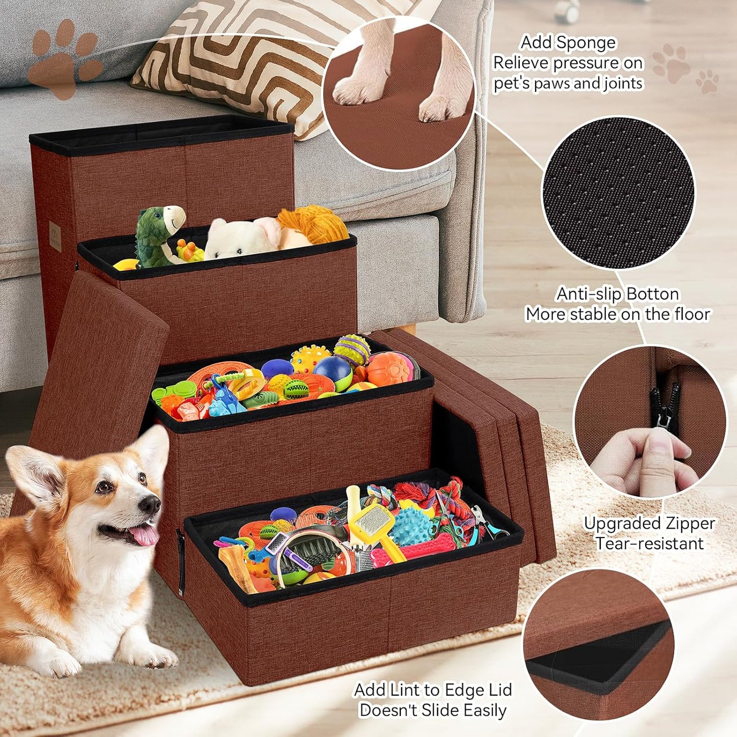 Dog Stairs with Storage 23" H, 4-Step Wider Dog Steps for High Beds Window, Folding Sturdy Pet Stairs Gift for Small/Medium/Large Old Dogs Cats, Ramp for Climbing Car Up to 200 lbs, Brown - Pet Explorer
