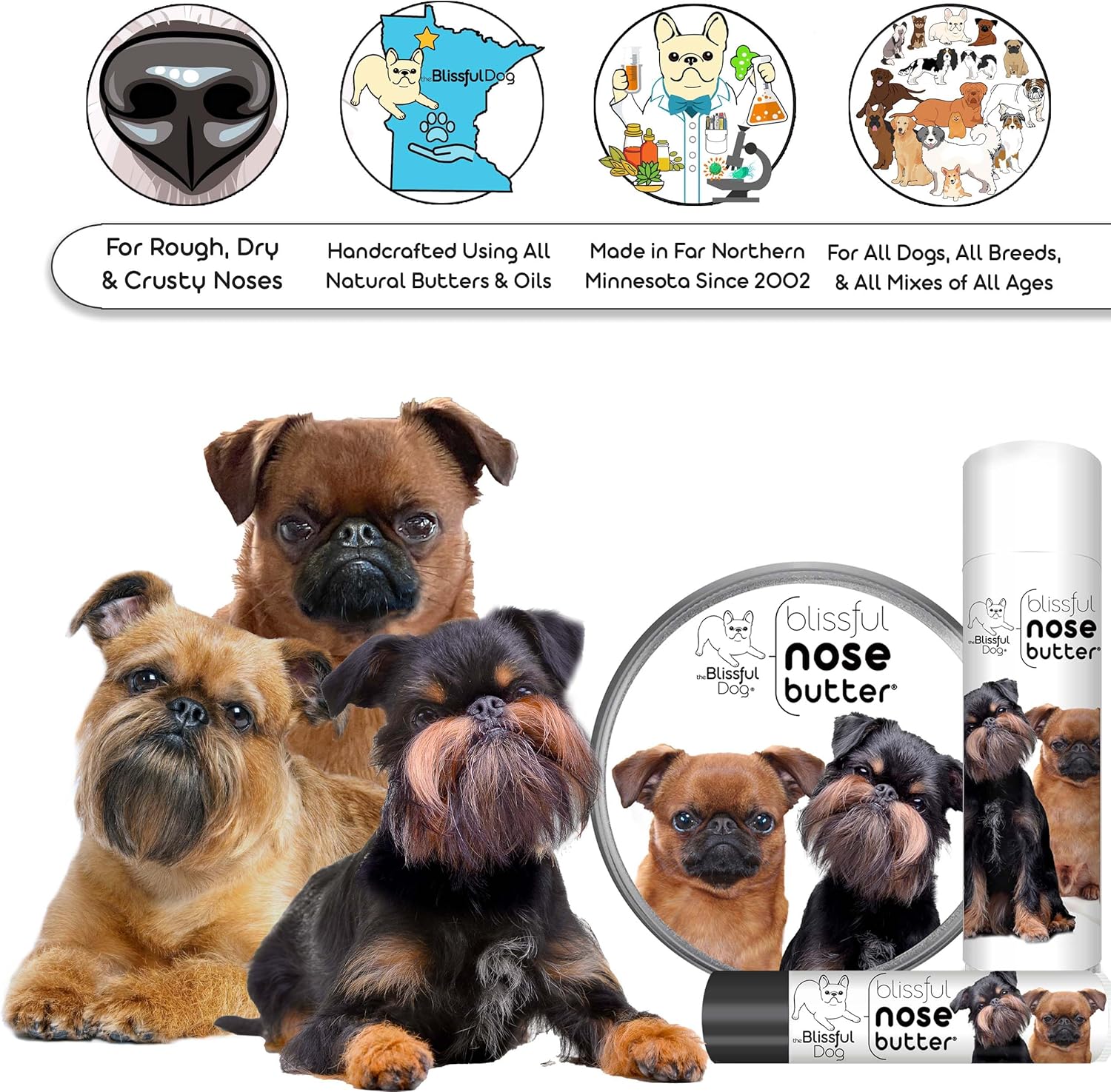 The Blissful Dog Brussels Griffon Nose Butter for Dry, Cracked Skin, Lick-Safe Dog Nose Balm with Moisturizing Shea Butter, Almond, Olive, and Essential Oils, Pet Supplies, Uncented, 2 oz. - Pet Explorer