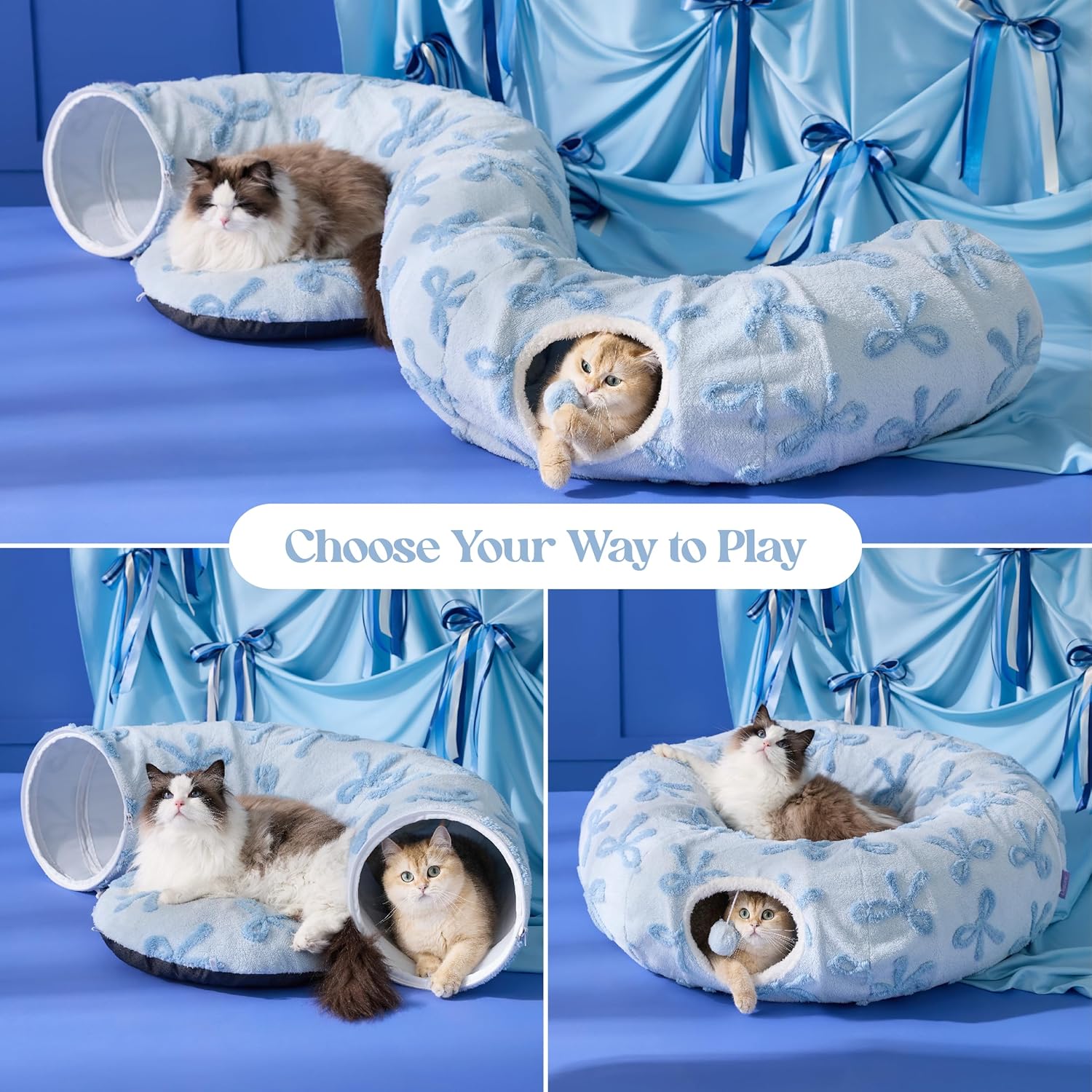 Lesure Cat Tunnel Bed for Indoor Cats - Cute Cat Donut Tunnel Toys with Washable Circle Cushion, Round Pet Peekaboo Cave Toy for Kitten/Puppy/Rabbit, Standard Ice Blue - Pet Explorer