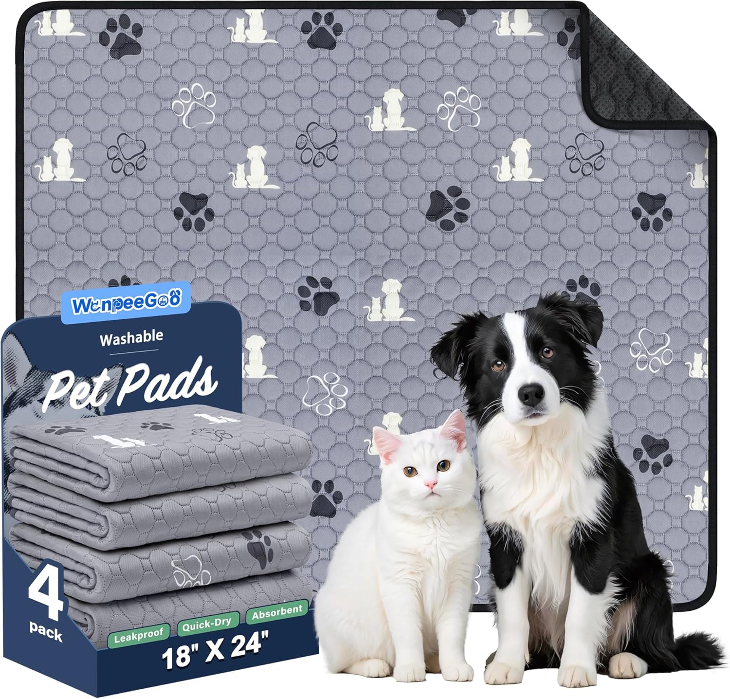 Washable Pee Pads for Dogs, 4 Pack Absorbent Reusable Training Dog Pads Pet Puppy Pads, Non-Slip Potty Pads for Whelping, Playpen, Crate, Bed, Grey 18"x24" - Pet Explorer