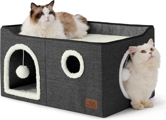 Bedsure Large Cat Beds for Indoor Cats - Extra Wide Cat Cube House for Small Pet with Fluffy Ball Hanging and Scratch Pad, Foldable Pet Cave Hideaway for Multiple Cats, 23.6x16.9x13 inches, Dark Grey - Pet Explorer