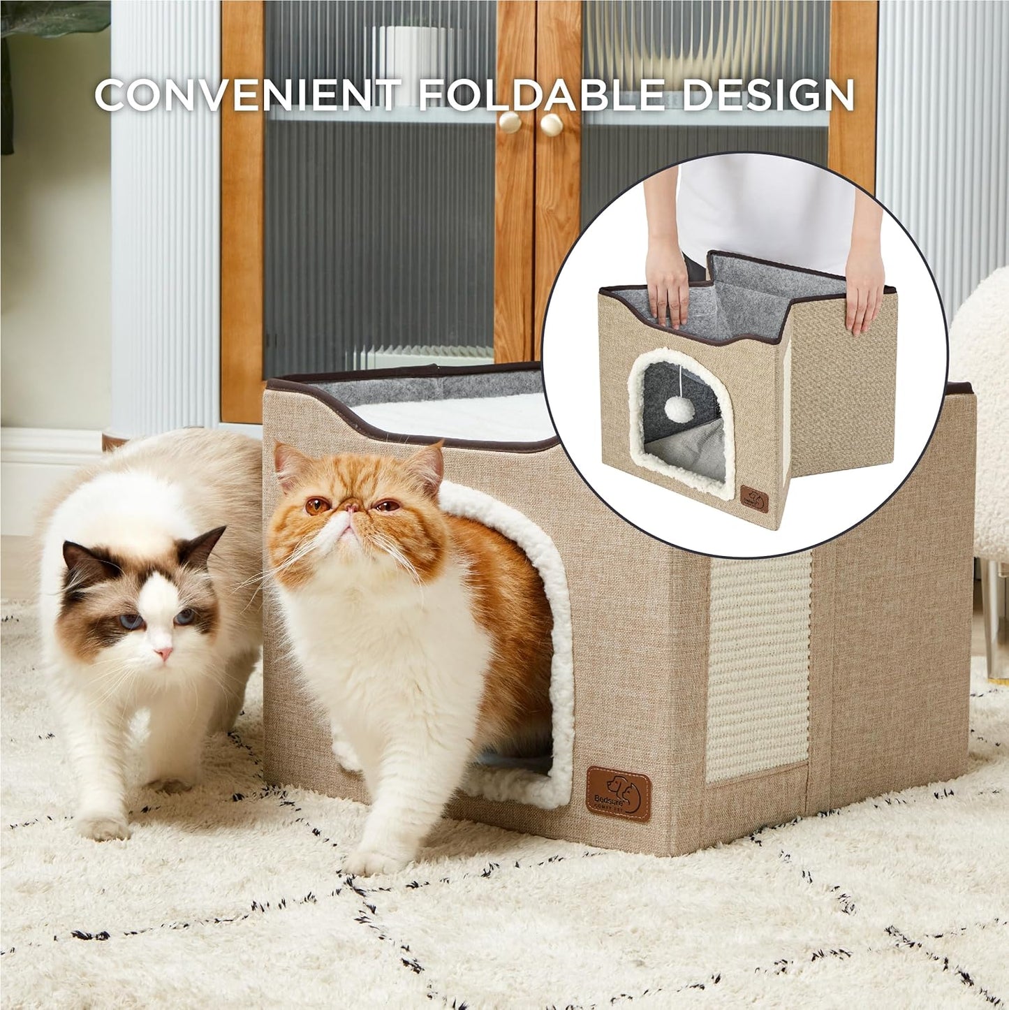 Bedsure Cat Beds for Indoor Cats - Large Cat Cave for Pet Cat House with Fluffy Ball Hanging and Scratch Pad, Foldable Cat Hideaway, 16.5x16.5x13 inches, Brown - Pet Explorer