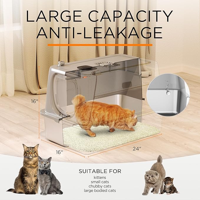 Citylife Stainless Steel Cat Litter Box with Lid, XL Extra Large Enclosed Removable Metal Litter Box with Litter Scoop&Double Layer Litter Mat, Non-Sticky, Non-Odor, Easy Cleaning, for Big Cats, Grey