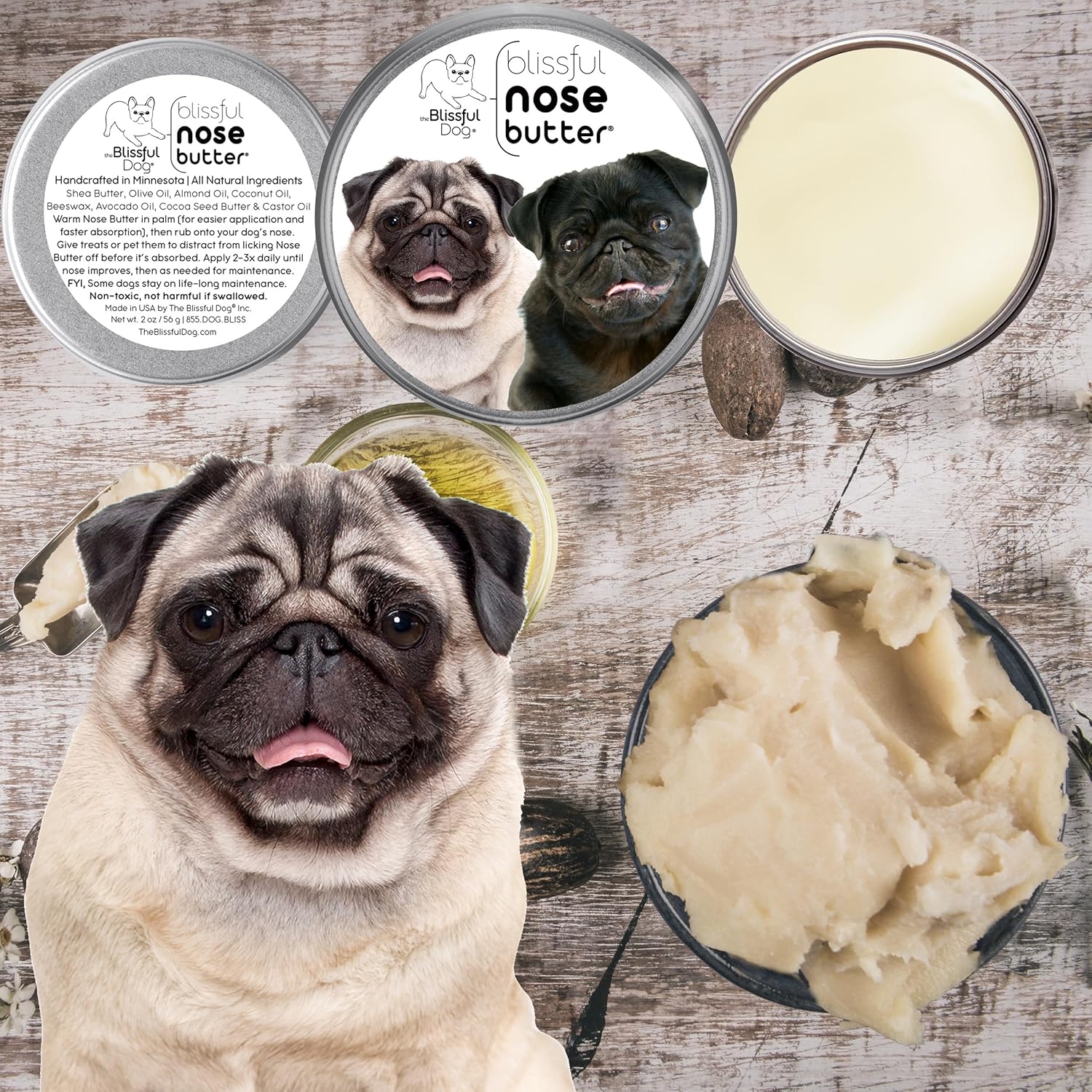 The Blissful Dog Pug Duo Unscented Nose Butter - Dog Nose Butter, 4 Ounce - Pet Explorer