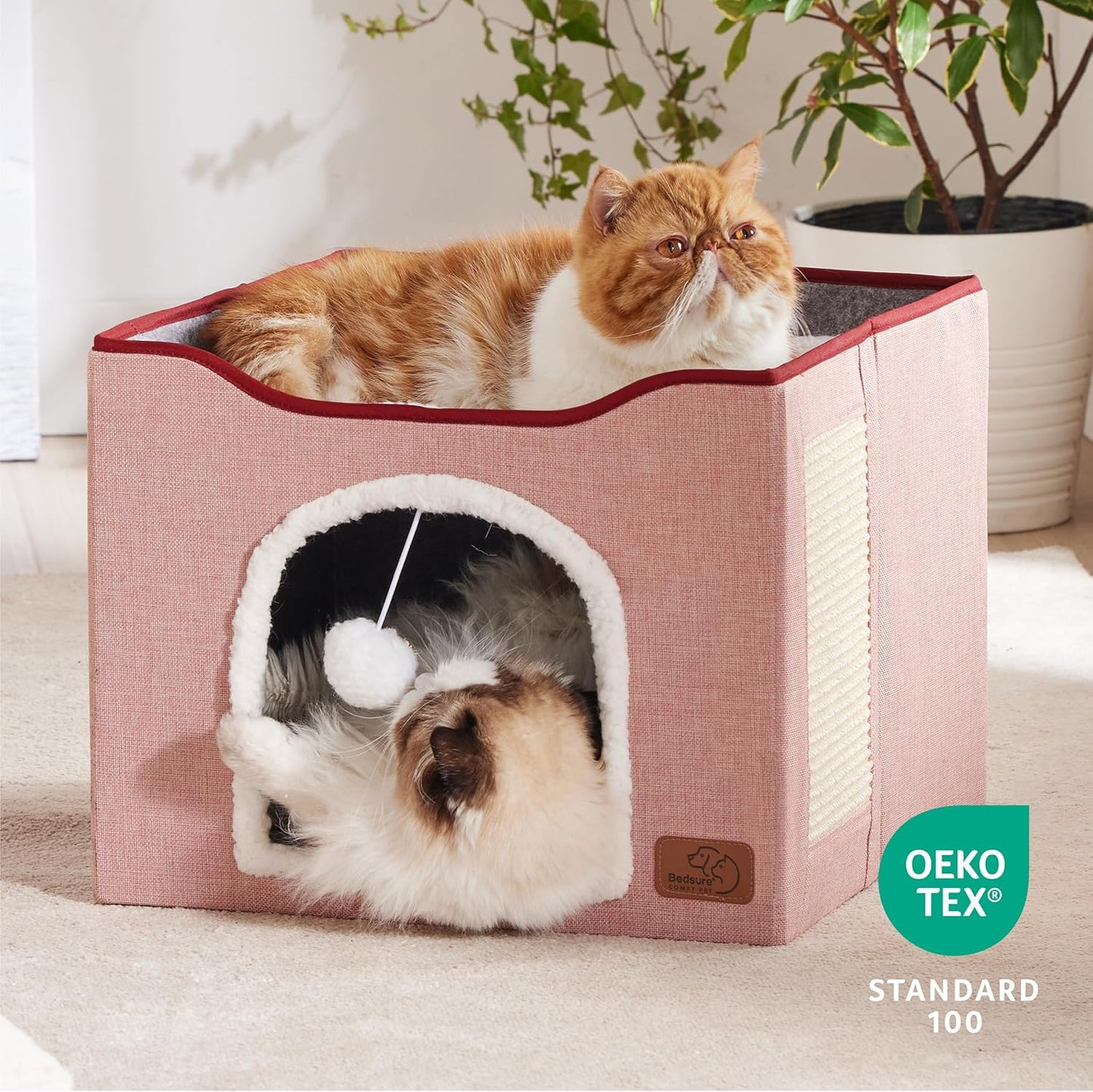 Bedsure Cat Beds for Indoor Cats - Large Cat Cave for Pet Cat House with Fluffy Ball Hanging and Scratch Pad, Foldable Cat Hideaway,16.5x16.5x13 inches, Pink - Pet Explorer