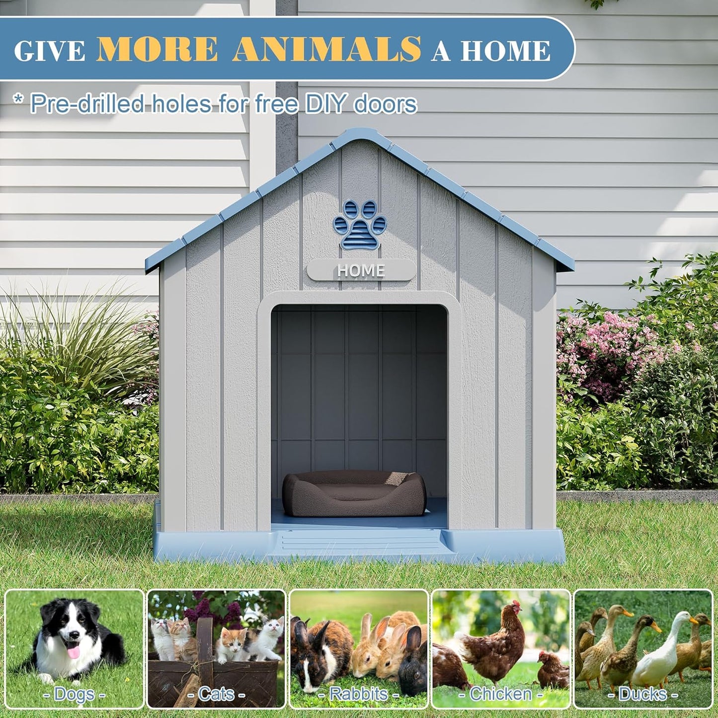 Large Dog House Outdoor Indoor for Medium Large Dogs, Durable Plastic Waterproof Doghouse with Air Vents and Elevated Floor, Easy Clean and Assemble (Blue, 37.2" L x 40" W x 40" H) - Pet Explorer