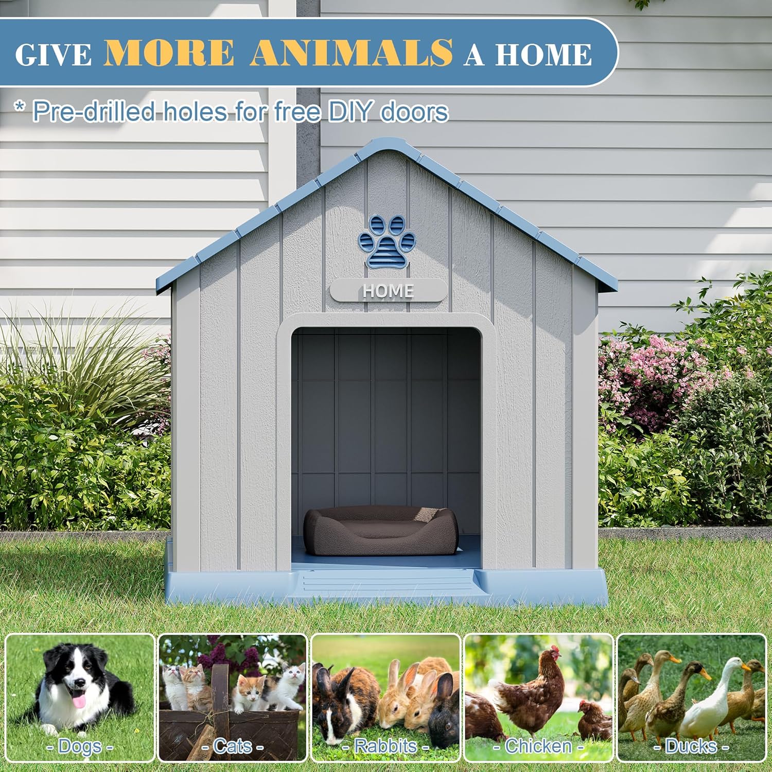 Large Dog House Outdoor Indoor for Medium Large Dogs, Durable Plastic Waterproof Doghouse with Air Vents and Elevated Floor, Easy Clean and Assemble (Blue, 37.2" L x 40" W x 40" H) - Pet Explorer