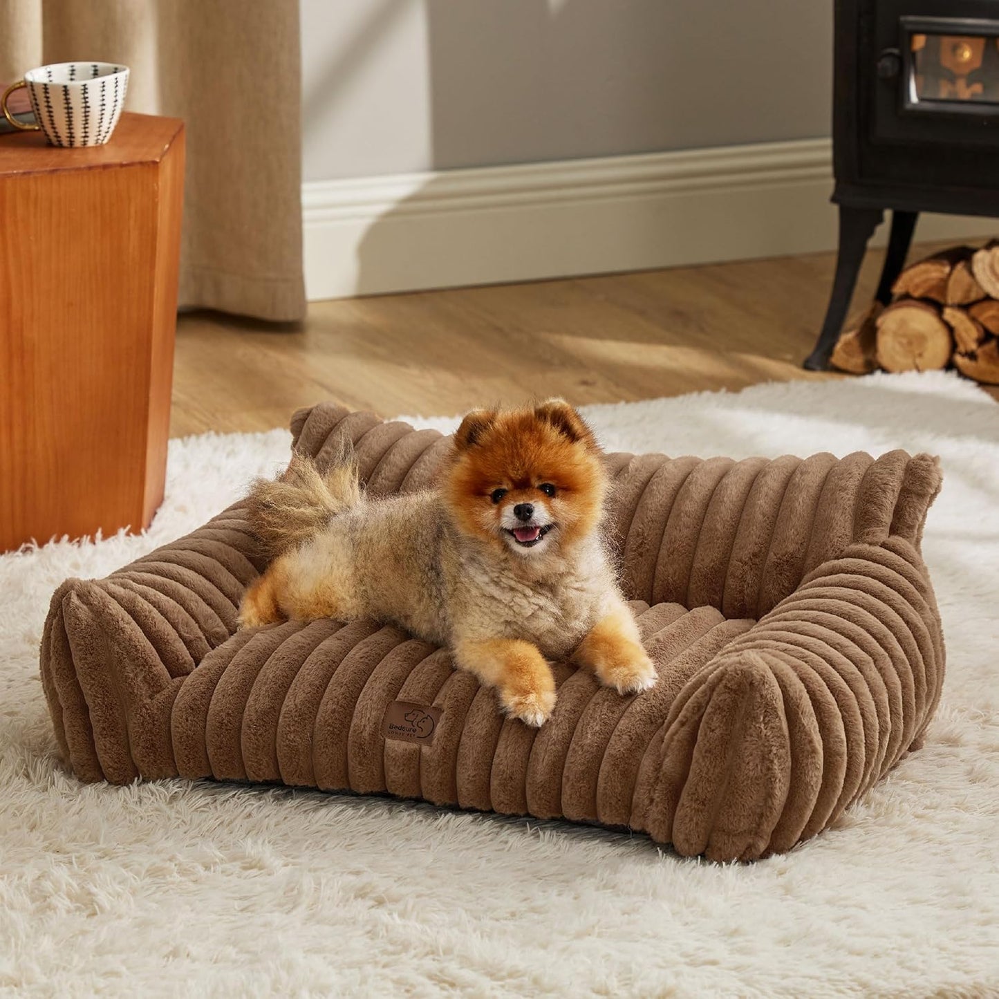 Bedsure Cute Cat Couch for Pets - Fluffy Small Dog Sofa with Premium Soft Corduroy Fleece, Pet Sofa with Removable Washable Cover, Supportive Dog Couch Bed for Small Medium Dogs, 30inch, Copper Brown - Pet Explorer