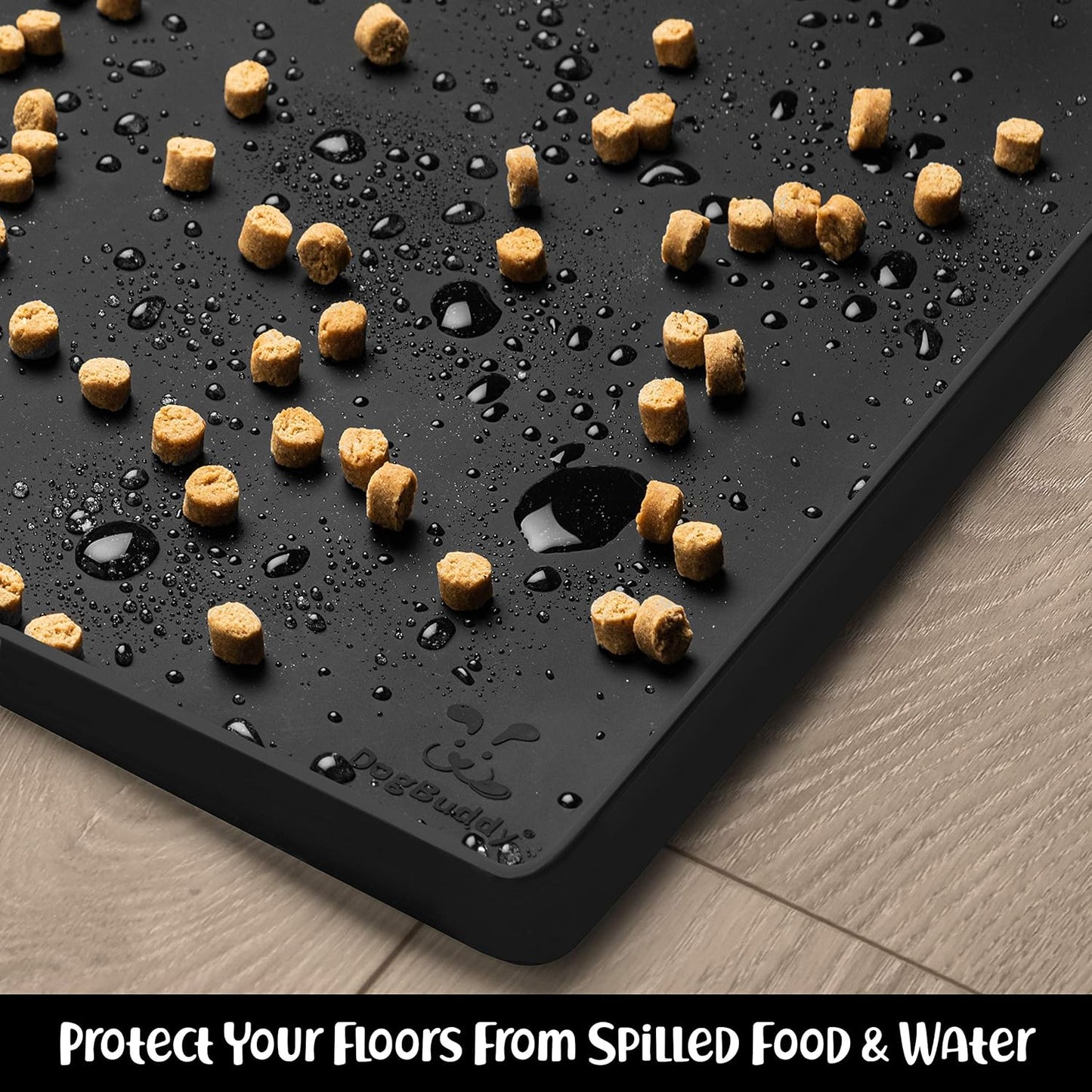 DogBuddy Dog Food Mat – Waterproof Dog Bowl Mat for Food and Water, Silicone Pet Feeding Mats for Floors, Non-Slip Placemat with High Edges for Dogs Bowls, Puppy Essentials (M: 21” x 14”, Black) - Pet Explorer
