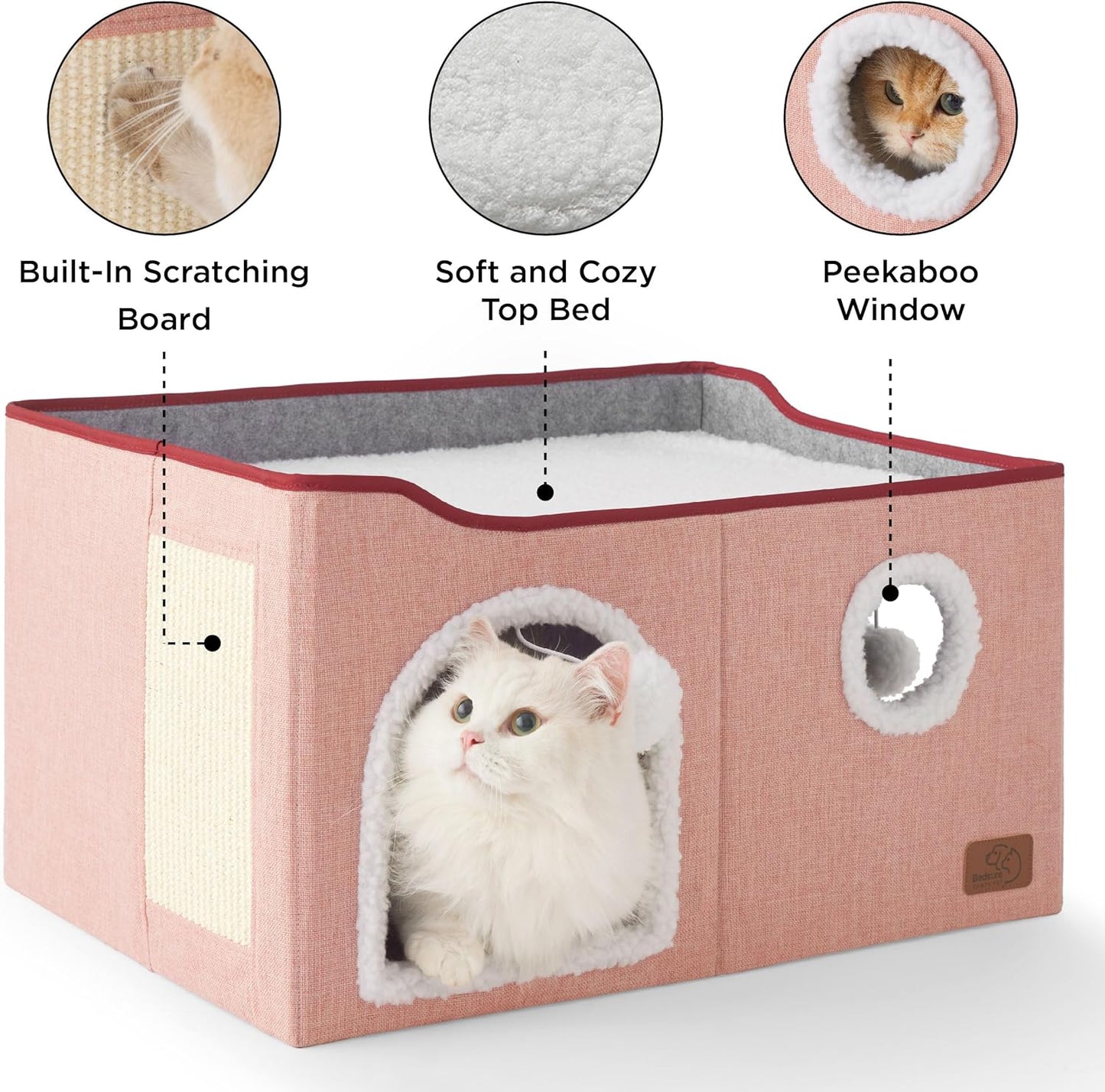 Bedsure Large Cat Beds for Indoor Cats - Extra Wide Cat Cube House for Small Pet with Fluffy Ball Hanging and Scratch Pad, Foldable Pet Cave Hideaway for Multiple Cats, 23.6x16.9x13 inches,Pink - Pet Explorer