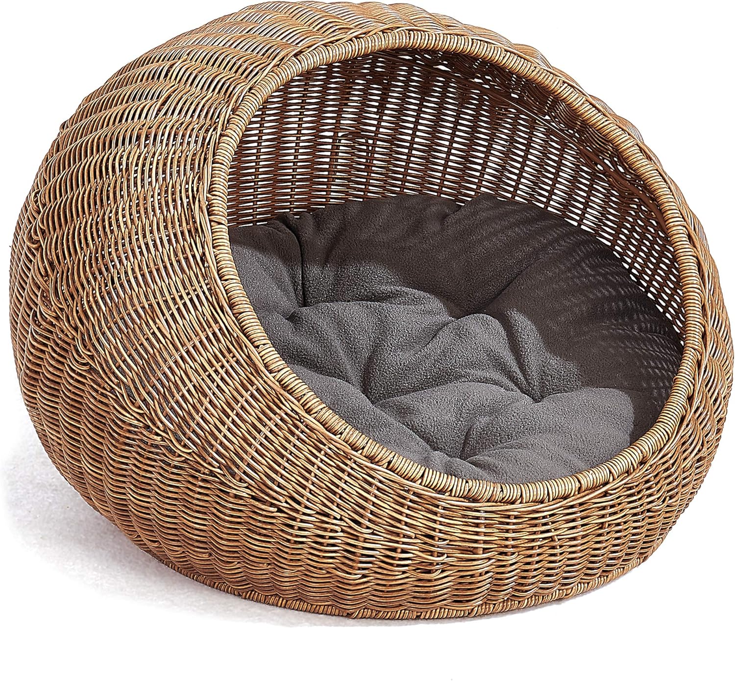 D+GARDEN Wicker Cat Bed Dome for Medium Indoor Cats - a Covered Cat Hideaway Hut of Faux Rattan Houses Pets in Dome Basket, Washable - Pet Explorer