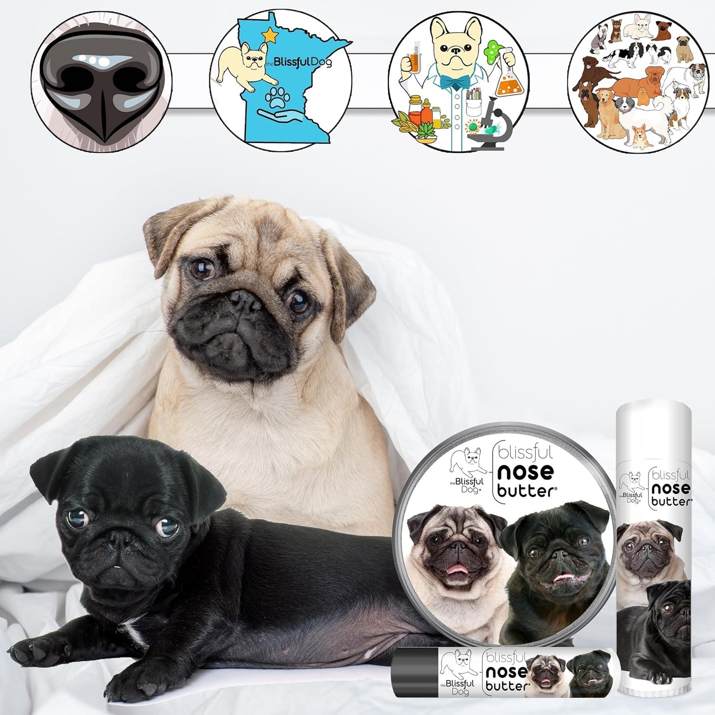 The Blissful Dog Pug Duo Nose Butter for Dry, Cracked Skin, Lick-Safe Dog Nose Balm with Moisturizing Shea Butter, Almond, Olive, and Essential Oils, Pet Supplies, Uncented, 8 oz. - Pet Explorer