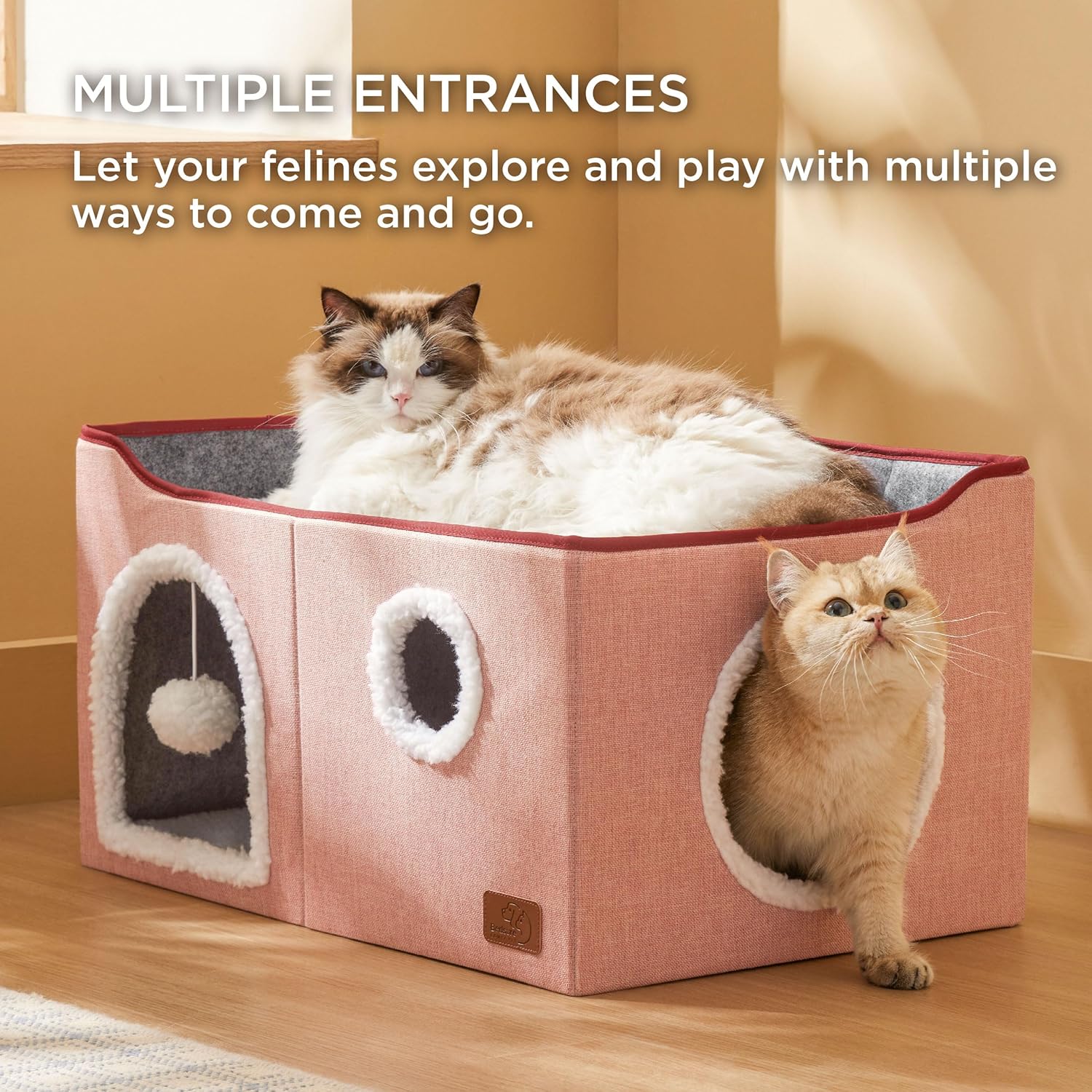 Bedsure Large Cat Beds for Indoor Cats - Extra Wide Cat Cube House for Small Pet with Fluffy Ball Hanging and Scratch Pad, Foldable Pet Cave Hideaway for Multiple Cats, 23.6x16.9x13 inches,Pink - Pet Explorer