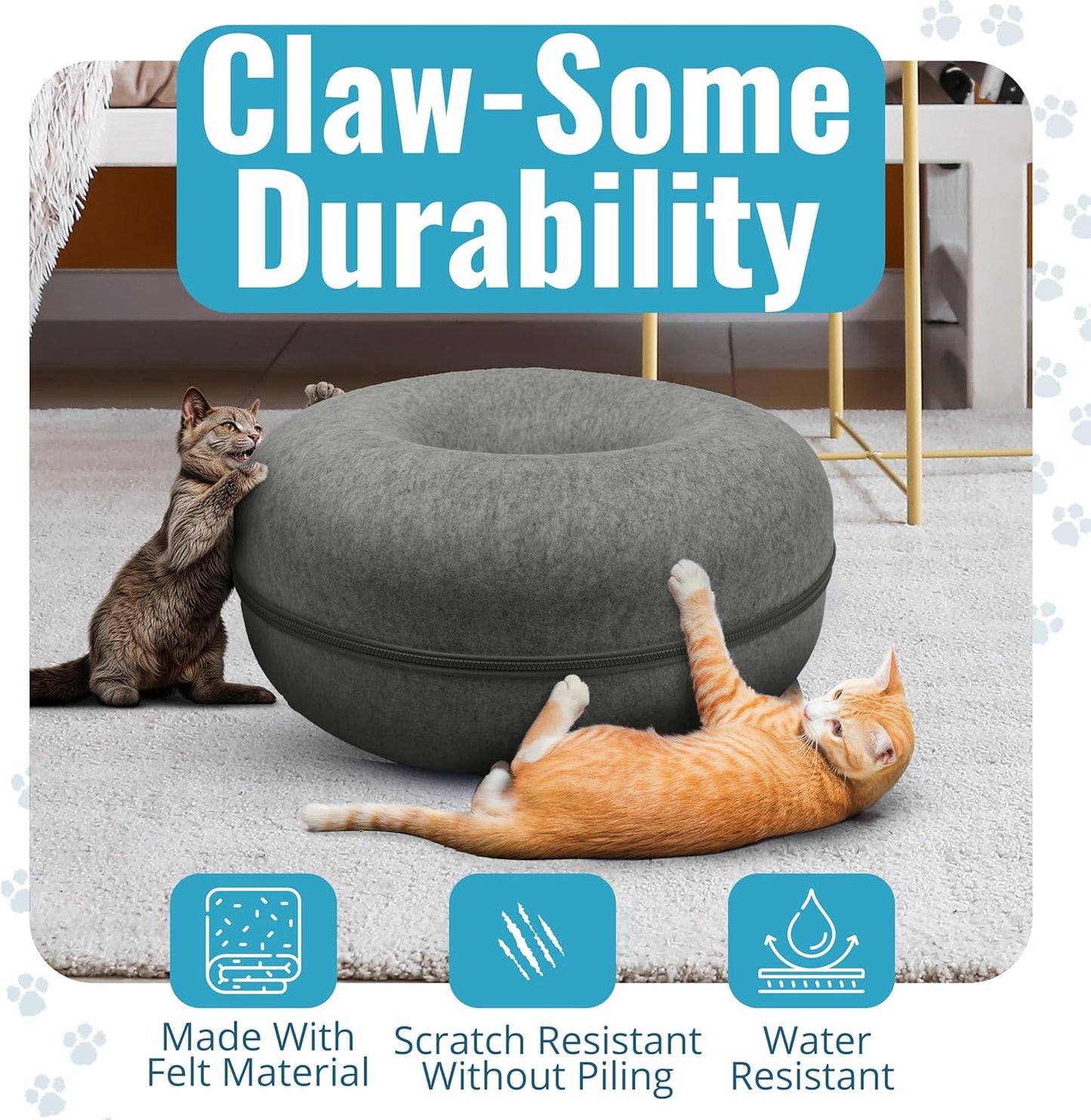 Okoco Cat Tunnel Bed for Indoor Cats Large, 24" Peekaboo Cat Cave Donut Bed for Pets up to 45lbs, 2-in-1 Round Tube with Hanging Ball Toy & Removable Machine Washable Parts (Dark Gray) - Pet Explorer