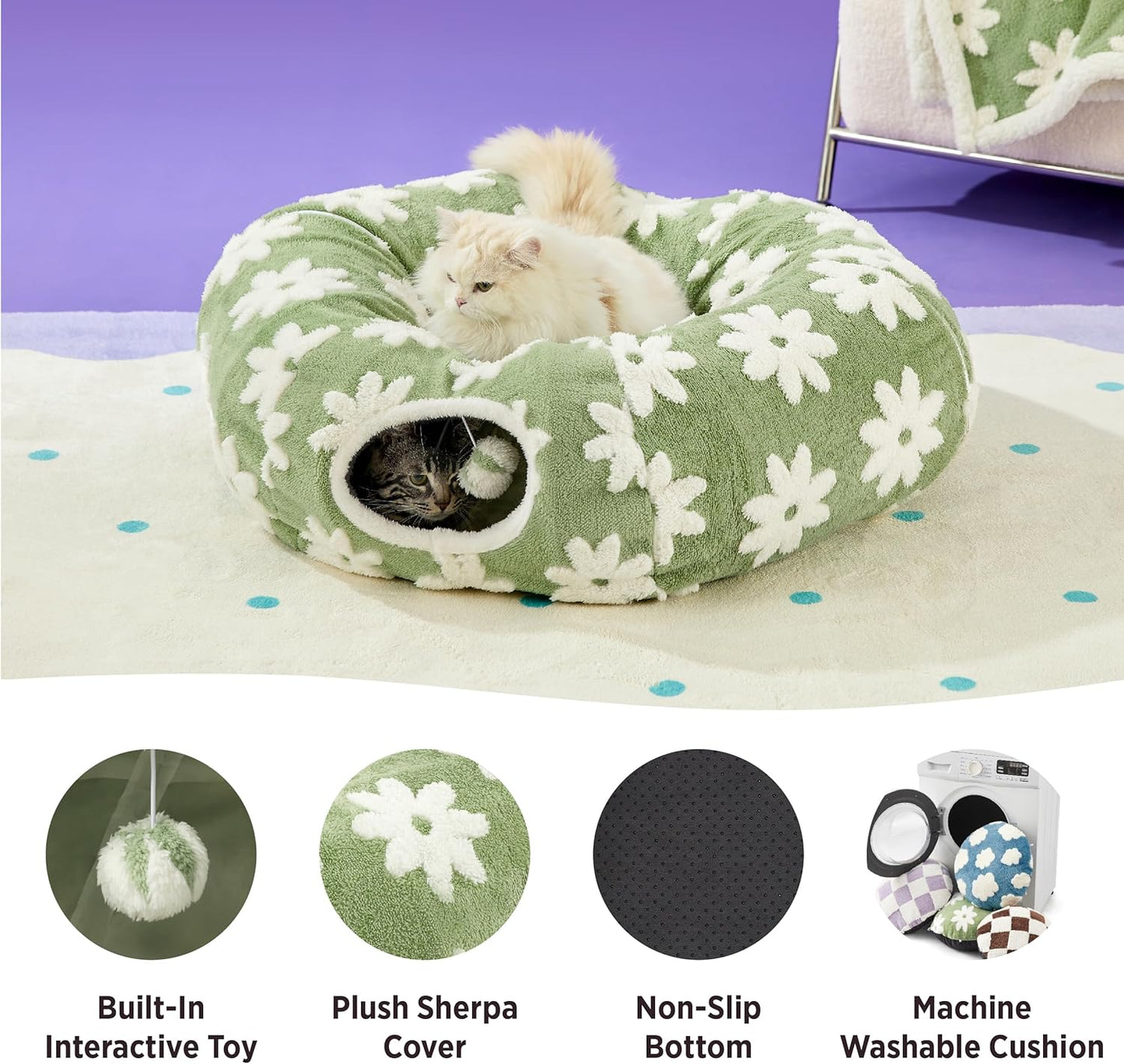 Lesure Cat Tunnel Bed for Indoor Cats - Cute Cat Donut Tunnel Toys for Small Large Cats with Washable Circle Cushion, Round Pet Peekaboo Cave Toy for Kitten/Puppy/Rabbit, Standard Green - Pet Explorer