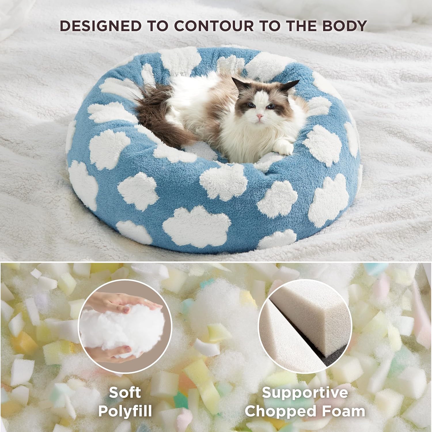 LE SURE Donut Cat Beds for Indoor Cats - Small Round Dog Bed for Calming Pets with Washable Cover, Cute Modern Puppy Beds with Jacquard Shaggy Plush & Anti Slip Bottom, 20 Inch, Blue - Pet Explorer