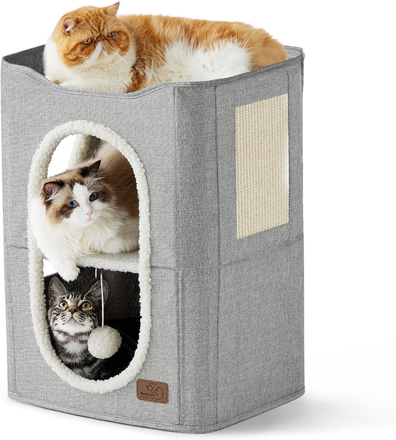 Bedsure 2 Story Cat House - Cat Condos for Indoor Cats with Scratch Pad and Fluffy Ball Hanging, Small Pet Cave Furniture Hideaway for Multi Pets, 18x14x23 inches, Grey - Pet Explorer