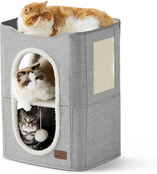 Bedsure 2 Story Cat House - Cat Condos for Indoor Cats with Scratch Pad and Fluffy Ball Hanging, Small Pet Cave Furniture Hideaway for Multi Pets, 18x14x23 inches, Grey - Pet Explorer