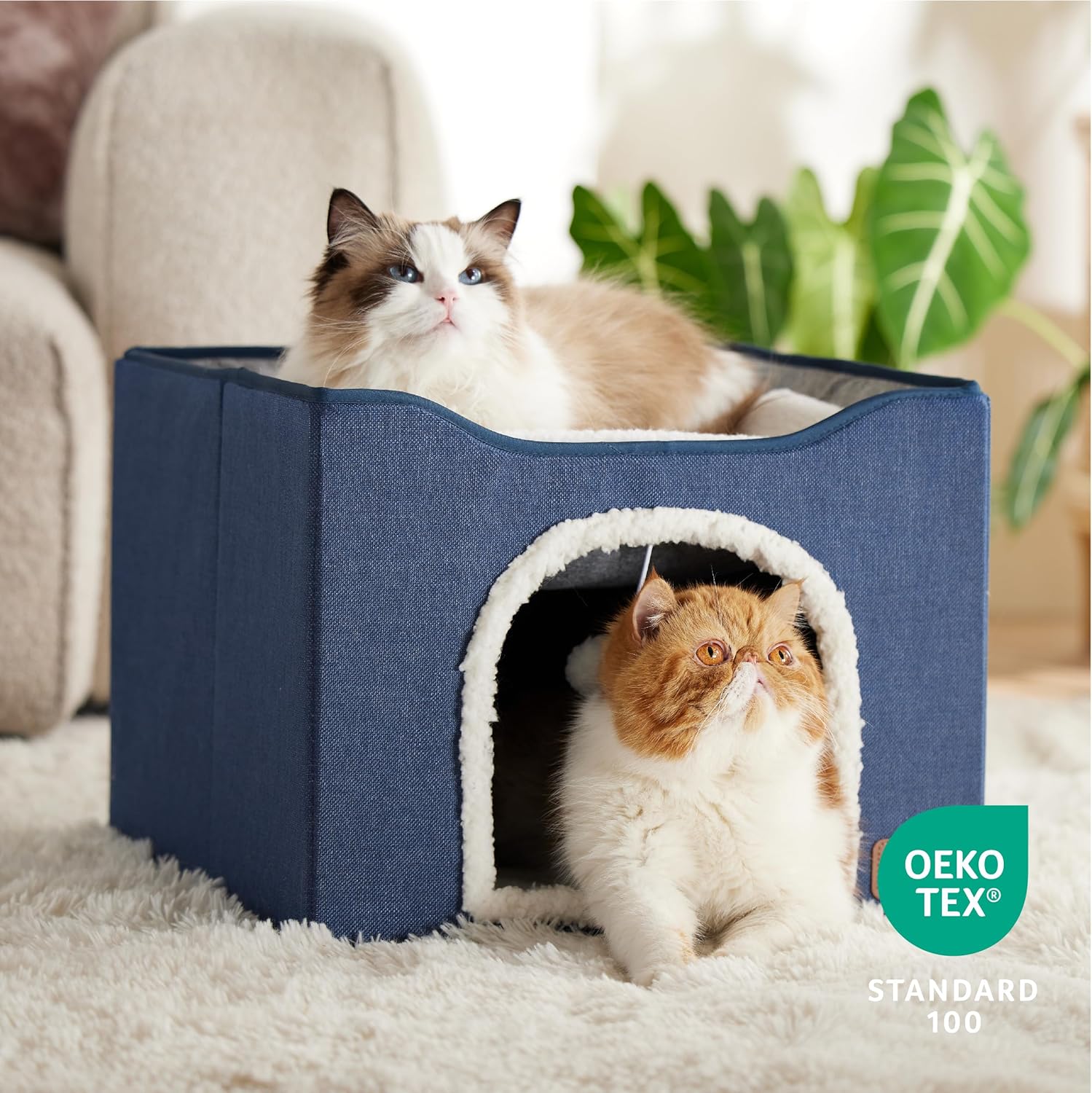 Bedsure Cat Beds for Indoor Cats - Large Cat Cave for Pet Cat House with Fluffy Ball Hanging and Scratch Pad, Foldable Cat Hideaway, 16.5x16.5x13 inches, Blue - Pet Explorer