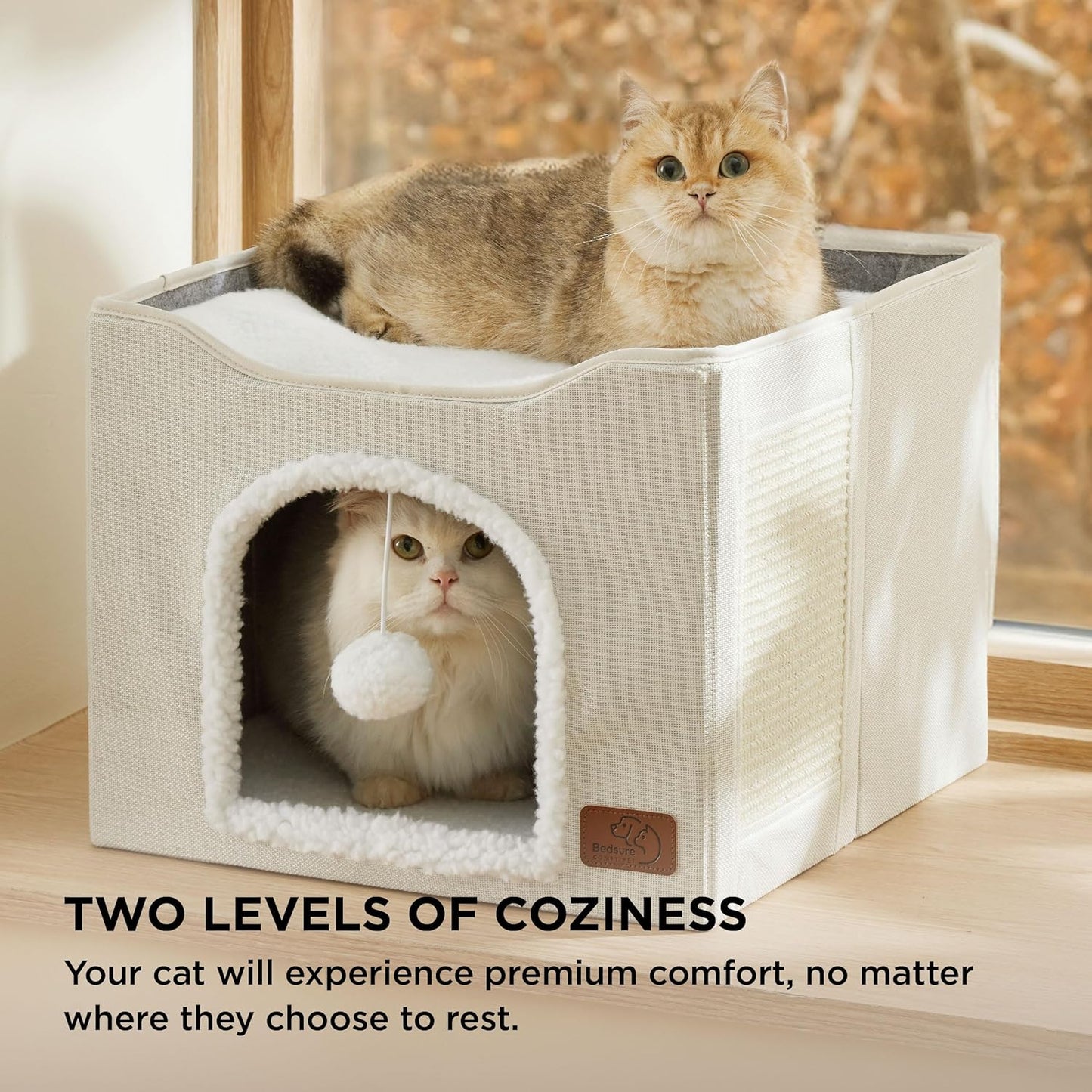 Bedsure Cat Beds for Indoor Cats - Large Cat Cave for Pet Cat House with Fluffy Ball Hanging and Scratch Pad, Foldable Cat Hideaway, 16.5x16.5x13 inches, Ivory - Pet Explorer