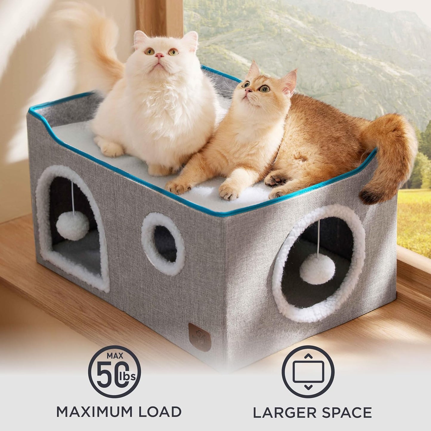 Bedsure Large Cat Beds for Indoor Cats - Extra Wide Cat Cube House for Small Pet with Fluffy Ball Hanging and Scratch Pad, Foldable Pet Cave Hideaway for Multiple Cats, 23.6x16.9x13 inches, Grey - Pet Explorer