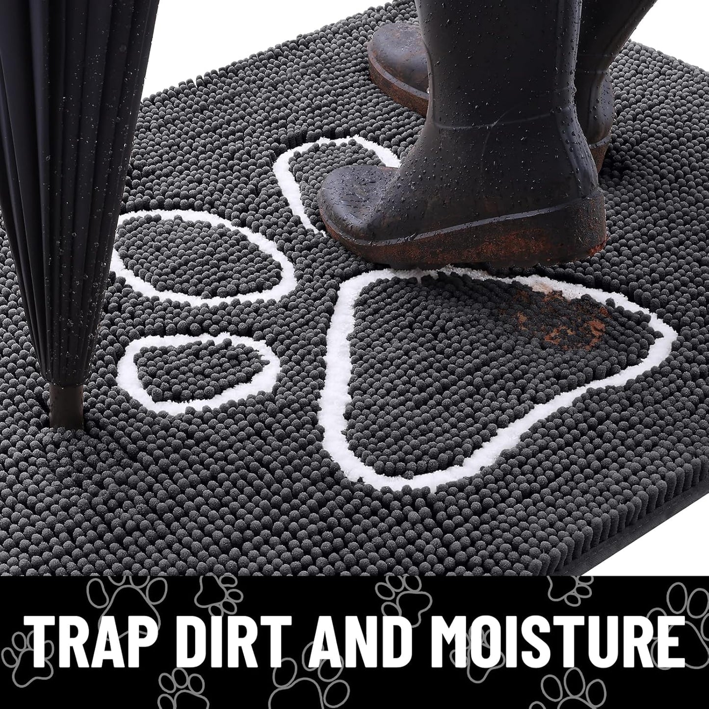 Smiry Dog Door Mat for Muddy Paws, Absorbent Dirt Trapper Non Slip Quick Dry Washable Chenille Mat for Mud Dogs, Entry Rug for Indoor and Outdoor (48x30 Inches, Dark Grey and White)