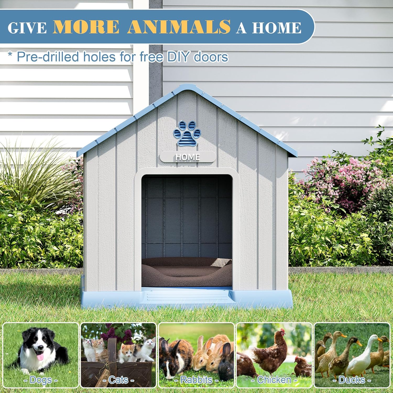 Large Dog House Outdoor Indoor for Medium Large Dogs, Durable Plastic Waterproof Doghouse with Air Vents and Elevated Floor, Easy Clean and Assemble (Blue, 31" L x 33.3" W x 33.5" H) - Pet Explorer