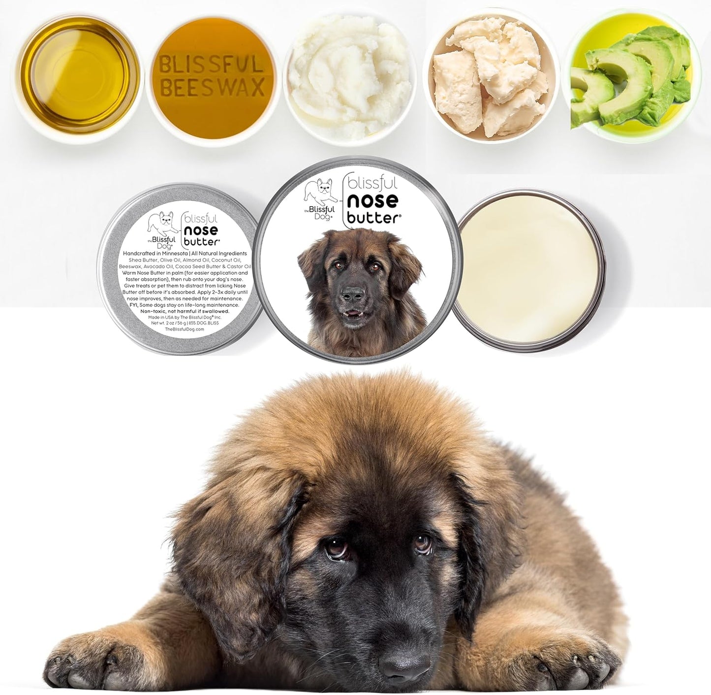 The Blissful Dog Leonberger Nose Butter for Dry, Cracked Skin, Lick-Safe Dog Nose Balm with Moisturizing Shea Butter, Almond, Olive, and Essential Oils, Pet Supplies, Uncented, 8 oz. - Pet Explorer