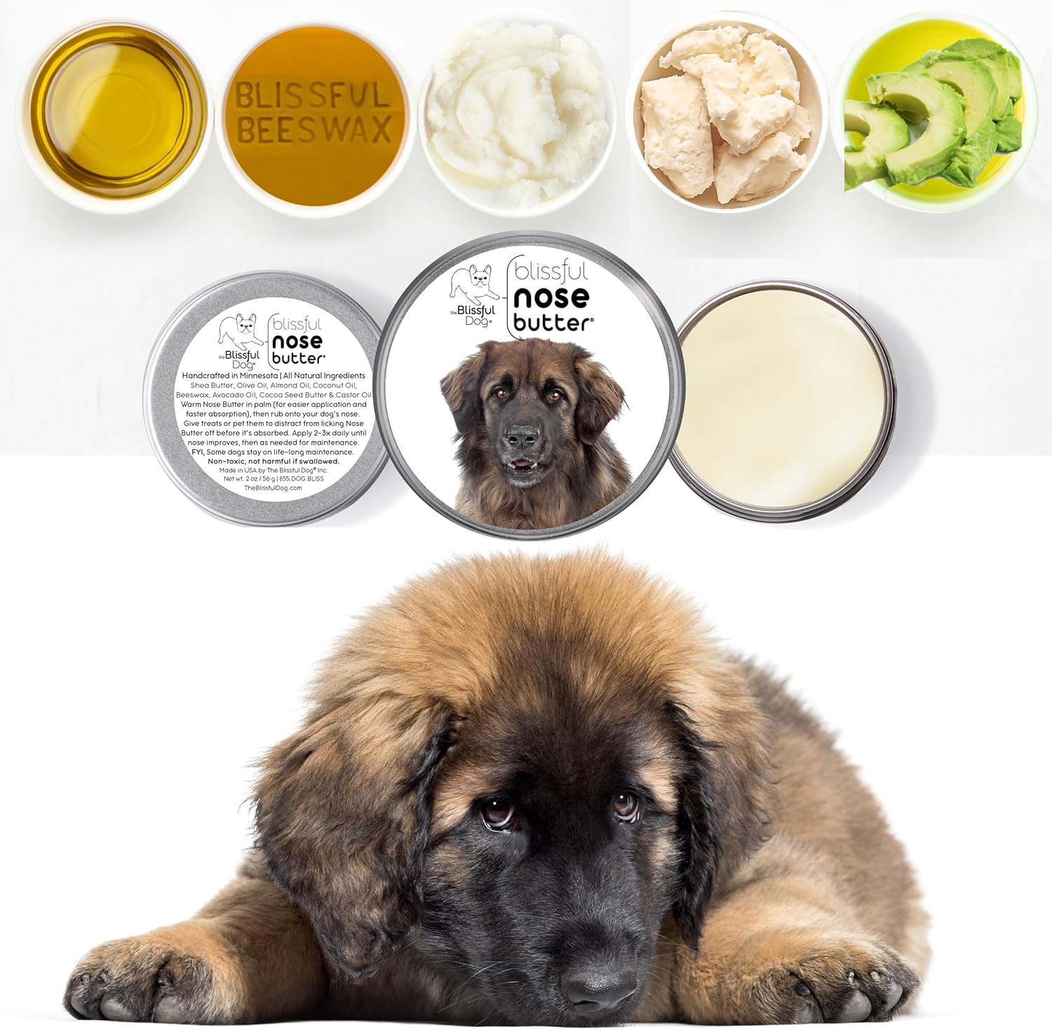 The Blissful Dog Leonberger Nose Butter for Dry, Cracked Skin, Lick-Safe Dog Nose Balm with Moisturizing Shea Butter, Almond, Olive, and Essential Oils, Pet Supplies, Uncented, 8 oz. - Pet Explorer
