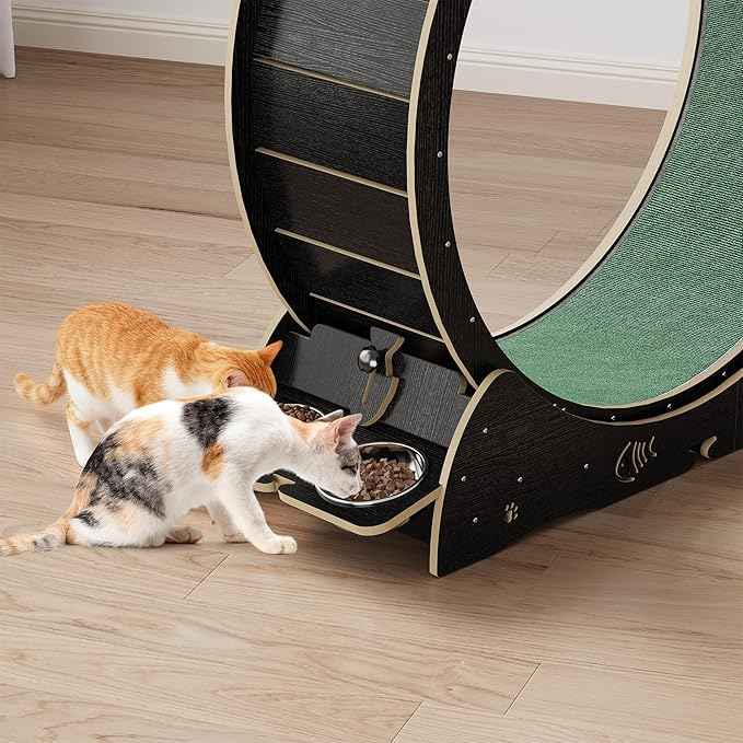 Cat Running Wheel for Indoor Cats, Large 6-in-1 Cat Treadmill with Bowls, Scratch Post & Resting House, Quiet Cats Wheel Exerciser for Kitty Fitness Black
