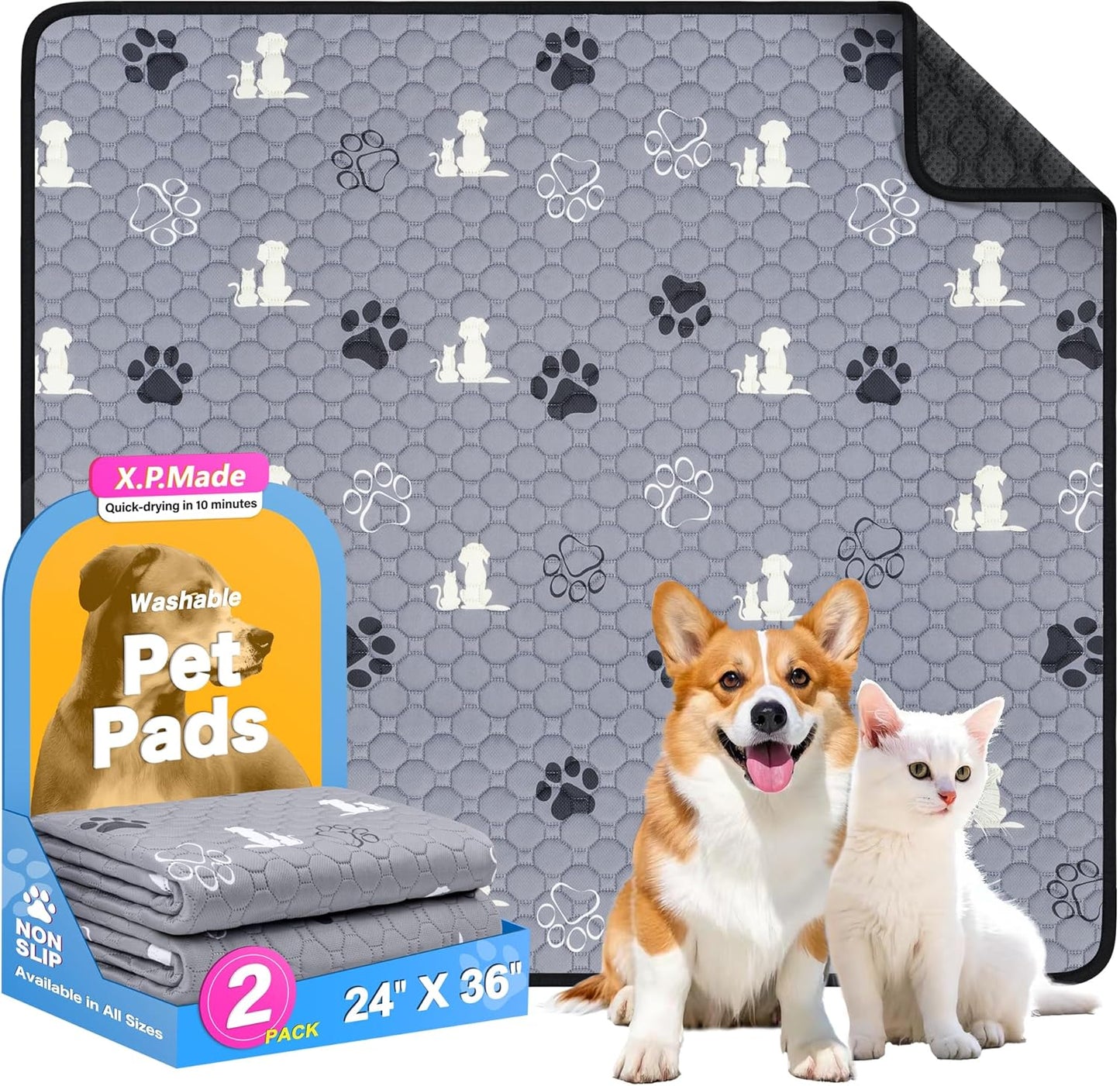 Washable Pee Pads for Dogs, 2 Pack Reusable Puppy Pads, Waterproof Pet Pee Pads for Dog Potty Training, Extra Large Dog Pee Pads for Crate, Playpen, and Whelping, Durable and Absorbent, Grey 24"x36" - Pet Explorer