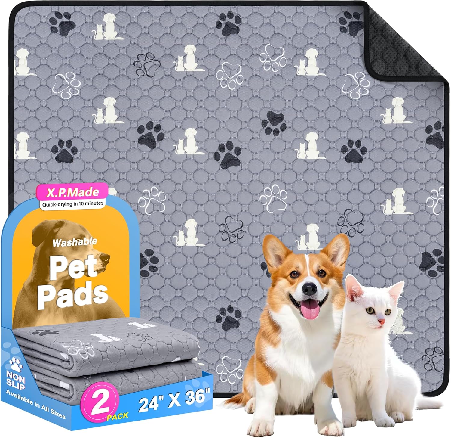 Washable Pee Pads for Dogs, 2 Pack Reusable Puppy Pads, Waterproof Pet Pee Pads for Dog Potty Training, Extra Large Dog Pee Pads for Crate, Playpen, and Whelping, Durable and Absorbent, Grey 24"x36" - Pet Explorer