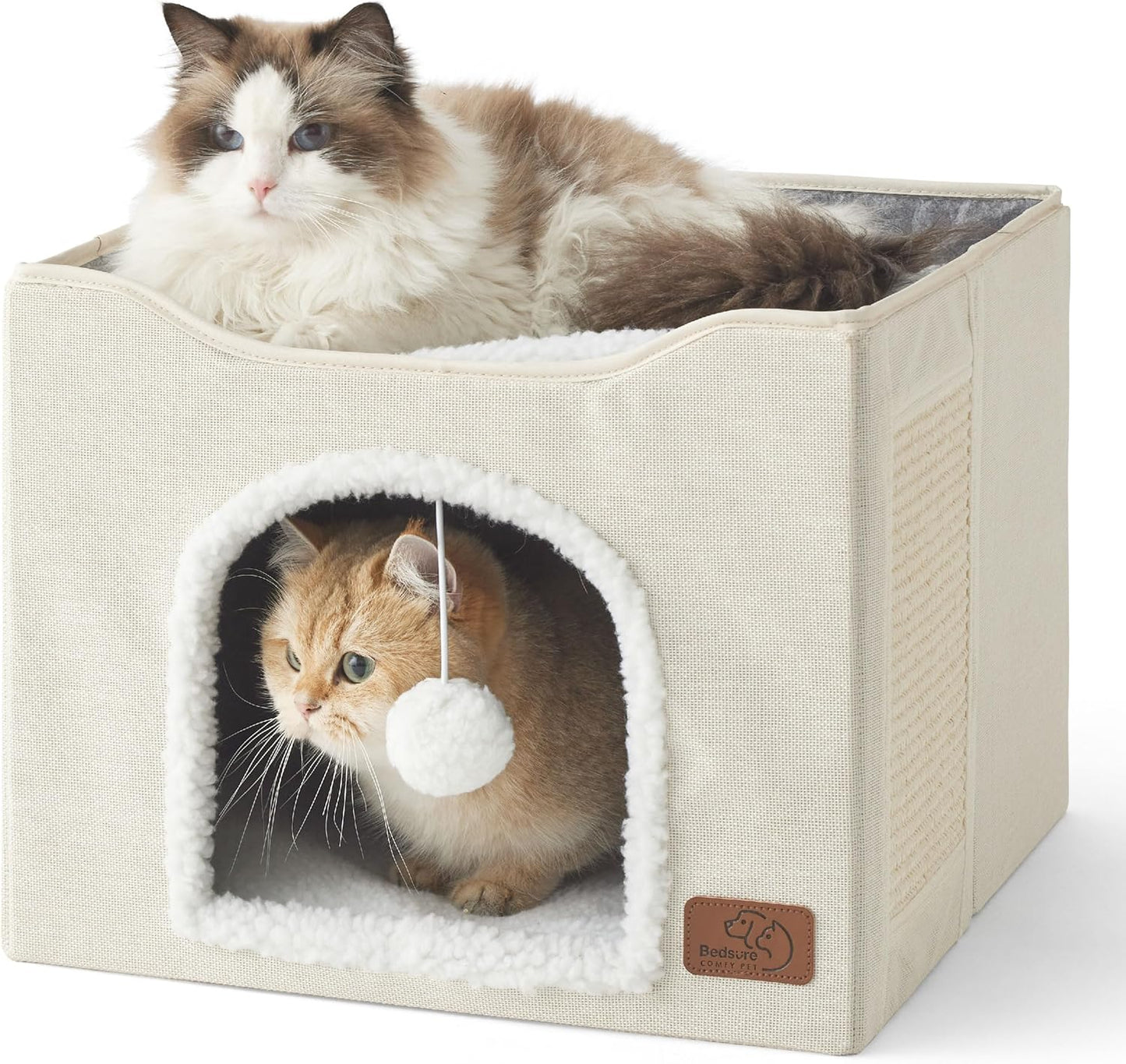 Bedsure Cat Beds for Indoor Cats - Large Cat Cave for Pet Cat House with Fluffy Ball Hanging and Scratch Pad, Foldable Cat Hideaway, 16.5x16.5x13 inches, Ivory - Pet Explorer