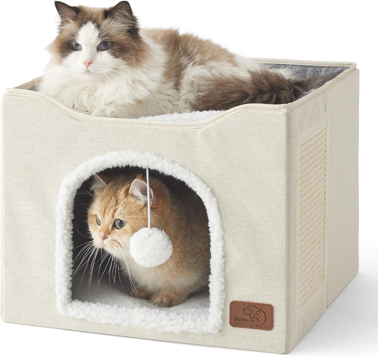 Bedsure Cat Beds for Indoor Cats - Large Cat Cave for Pet Cat House with Fluffy Ball Hanging and Scratch Pad, Foldable Cat Hideaway, 16.5x16.5x13 inches, Ivory - Pet Explorer