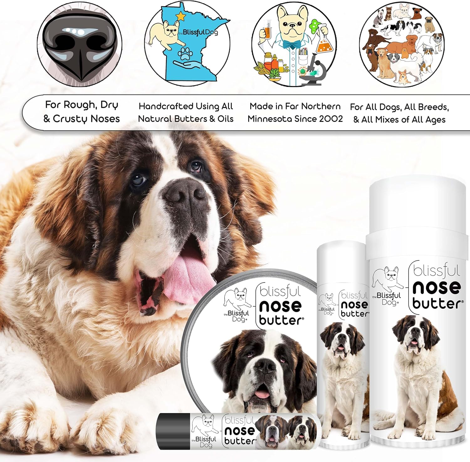 The Blissful Dog St. Bernard Nose Butter, Versatile Dog Nose Balm for Dry Nose, Handcrafted Nose Moisturizer, Easy-to-Apply Dog Essentials, Unscented, 1 oz. - Pet Explorer